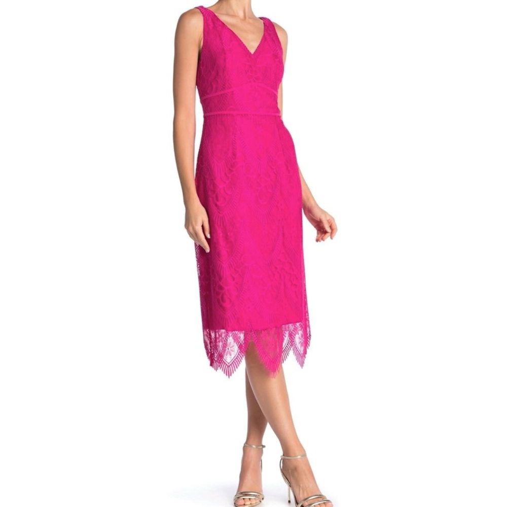 Scallop Lace Midi Dress. Solid pink, color name is passion pink.
